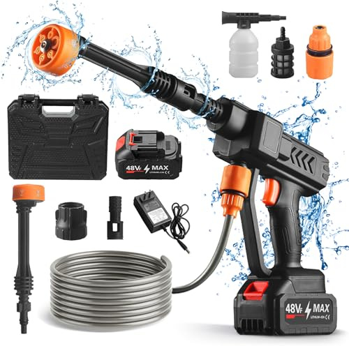 Pistola de Agua de Alta presión 60 Bars, Limpiador de Alta presión con 1 batería 12000 mAh, hidrolimpiadora Bateria 3,7 L/min con Boquilla 6 en 1 y Manguera de 5 m, para Jardín y Coche