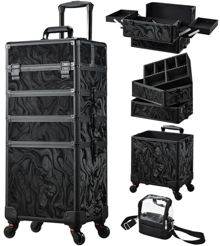 Stagiant Rolling Makeup Case 4 in 1 Cosmetology Case on Wheels Makeup Travel Case with Cosmetic Bag Key Swivel Wheels Salon Barber Case Traveling Cart Trunk Cosmetic Trolley Alpine Black