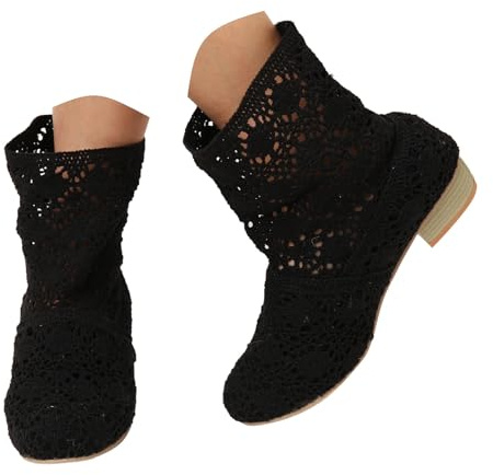 Femmes Bottines Élégantes Épissage Fleurs Dentelle Mariage Bottes D'été à Talons Épais Soirée Parties Chaussure Maille Respirant Bottines Style Bohème Antidérapant Grande Taille