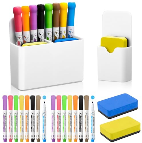 XTUDOU® Porte Marqueur MagnéTique, 16 Stylos Marqueurs pour Tableau Blanc Fins, 2 BoîTes de Rangement, Avec 2 Eponge Tableau Blanc, Porte-Crayon MagnéTique pour éCole, Bureau (Blanc)