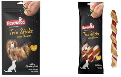 Bundle: Rosewood Zahnpflege-Snacks für Hunde – 100g + Trio-Kausticks Huhn für große 240g & mittelgroße 90g – getreidefrei, glutenfrei, ohne künstliche Zusätze
