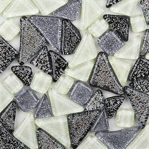 100 g Kristall-Glitzer-Mosaikfliesen, unregelmäßige Glasmosaikfliesen, gemischte Farben, Glasstücke für Bastelarbeiten, Weiß, Schwarz und Grau
