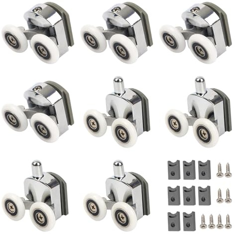 8PCS Shower Door Rollers 23MM, Double Shower Door Wheels Pulleys Guides Top Wheels with Anti-Collision Block & Screws Rollers Replacment for Glass Doors 4-6mm, Waterproof & Silent