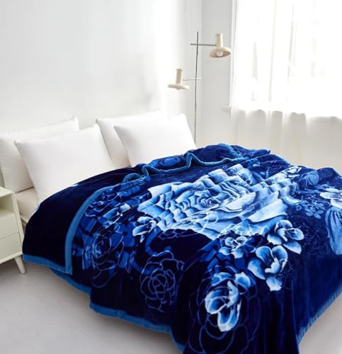 Reversible 2 PLY Thick Warm Heavy Winter Blanket Throw – Silky Soft Korean Fleece Plush Blanket with Greek & Floral Design, Weighted Cozy Double/King Bed Blanket (Floral-Blue, Luxury (4kg))