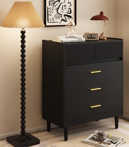 HOMAVO DG2 Cómoda con 5 Cajones, 74x40x90 cm, Tablero de Partículas con Certificación FSC, Patas de 15 cm, Tiradores Metálicos, Blanco o Negro Mate (Negro)
