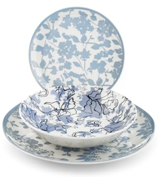 H&H Servizio Tavola Celestial 18 Pezzi in Porcellana - Piatti Piani, Fondi e Frutta con Decorazione Floreale Carta da Zucchero - Adatto Lavastoviglie e Microonde