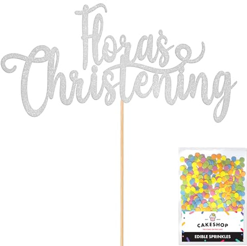 Cakeshop Personalised Christening Glitter Cake Topper With Sprinkles - Light Silver Custom Colour - Any Name - Double-Sided Glitter Card Cake Decoration - Custom Toppers for Cakes
