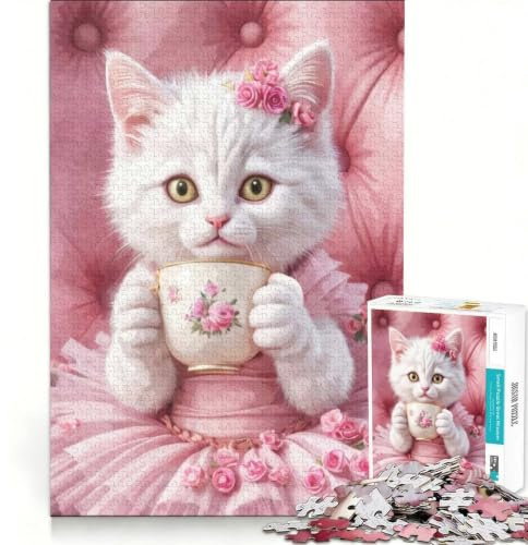 Puzzle 1000 pièces pour Adultes Chat élégant avec Tasse de thé, Jeu Familial, Difficile et Stimulant, Cadeau d'anniversaire Unique 38x52cm