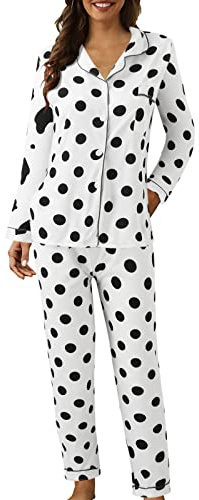 Pyjamasset dam långärmad – elegant hemmadräkt 2 delar stora storlekar | Tvådelad nattkläder med långärmade pyjamasöverdelar och pyjamasbyxor loungewear med tryckt lös hemmadräkt