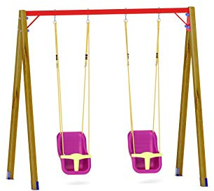 SavinOutdoor Altalena in Legno Deluxe con n.2 sedili a Gabbia per Bambini Piccoli