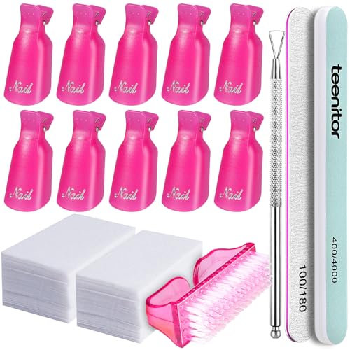 Teenitor Kit di rimozione smalto gel con tappo a clip, dischetti di cotone, raschietto, lime, lucidanti e blocchi (rosso caldo con 400/4000, 100/180, rimuovi unghie)