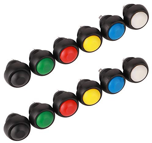 GTIWUNG 12 Pièces 12mm Boutons Poussoir de Réinitialisation, Lockless Momentané Bouton Poussoir On-Off,Push Button Switch, Mini Bouton Poussoir Interrupteur,Ronds,Rouge/Vert/Jaune/Bleu/Noir/Blanc