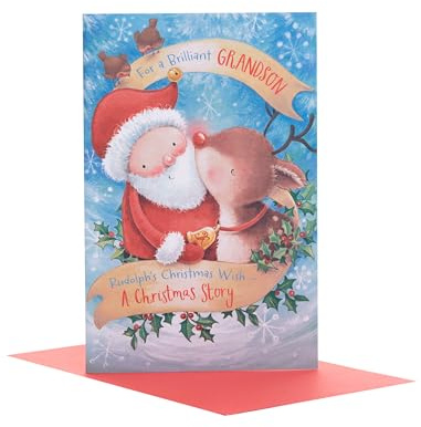 Weihnachtskarte für Enkelsohn – niedliche Weihnachtskarte für Kinder – niedlicher Weihnachtsmann und Rentier – Geschenkkarte für Jungen – Enkelsohn Weihnachtsgeschenke