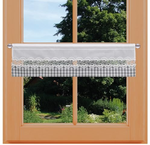 Feenhaus-Scheibengardine Hannah mit Vogtländischer Spitze Landhaus-Kurzgardine grau-weiß kariert | blickdichter Scheibenhänger für Küche und Esszimmer | Panneaux Höhe x Breite 20 x 67 cm