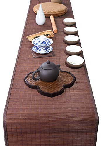 MMQGQ Bambus Tischmatte Mit Braunem Stoff Rand, Vintage Handmade Tischläufer ， rutschfeste Tischset Für Lang Esstisch Couchtisch Matten(Size:40×150cm)