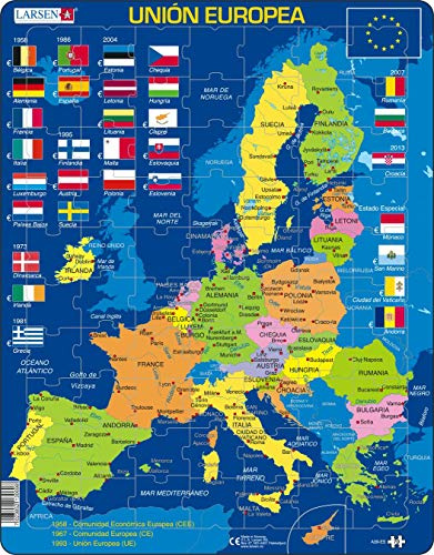 Larsen Puzzles A39 Europa Karte EU Puzzle, Spanisch Ausgabe, Lernspiel für Kinder & Erwachsene, 70 Teile, Lehrreiches Geografie Rahmenpuzzle