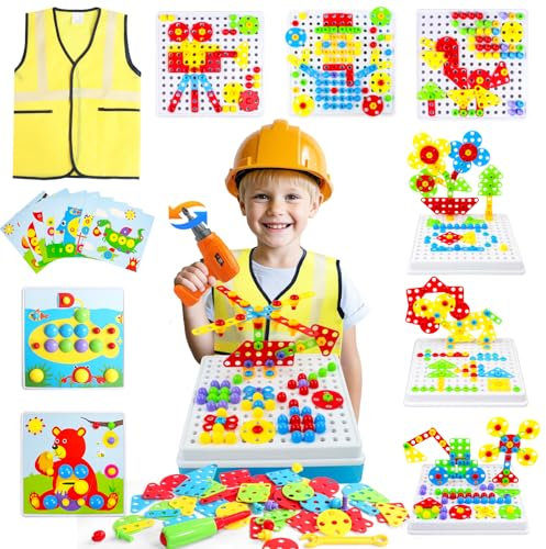 Spielzeug ab 3 Jahre, Montessori Spielzeug Mosaik Steckspiel ab 3 mit 3D Puzzle Bohrmaschine & Kostüm Kinderspiele STEM Spiele ab 3 4 5 Jahren Jungen Mädchen Geschenke Junge Mädchen für 3-6 Jahre