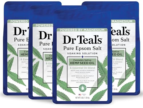 Dr Teal's Pure Epsom Salt, Cannabis Sativa Hemp Seed Oil, 3 lb (Pack of 4)