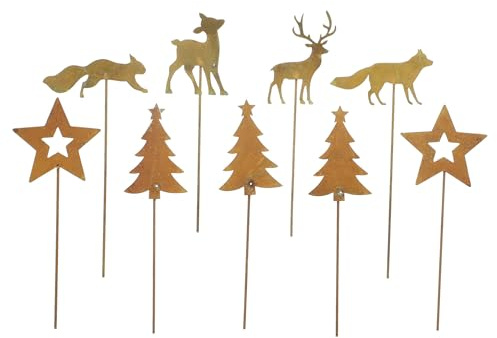FRANK FLECHTWAREN Metallstecker Weihnachtswald 9er Set – Metall – GH 16 cm – Winter- & Weihnachtsdeko für Pflanzkübel – Dekorativ und rostfrei