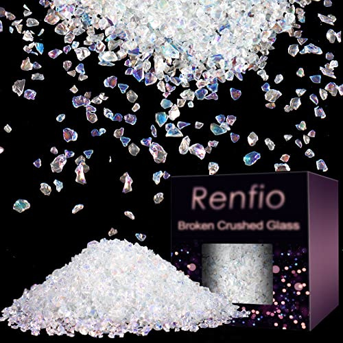 Renfio Broken Crushed Glass Glitter 2-4mm Unregelmäßige Hochglanz Metallic Chunky Chip für Craft Geode Art Coaster Ornament 3,5 Oz (100g) - Buntes Weiß