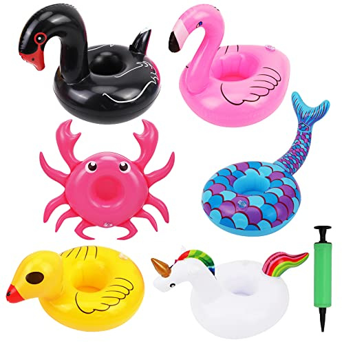 6Pièces Mignonne Kit de Porte Gobelet Gonflable, Gonflables Porte-Boissons Porte Verre Gonflable Piscine avec Pompe à Air pour Piscine d'Été Décorations de Fête et Jouets de Bain pour Enfants