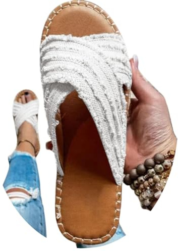 Onsoyours Schlappen Damen Espadrille Sandalen Flache Sommer Bohemian Sandaletten Peep Toe Strand Hausschuhe Criss Kreuz Slippers Flip Flop Sommerschuhe A Weiß 41 EU