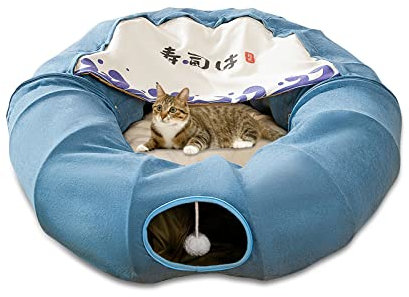 Galatée Katzentunnel, Katzenbett Für Den Innenbereich, Haustierhöhlenbett Mit 1 Hängenden Kratzbällen, Zusammenklappbarer Runder Katzentunnel, Katzentunnelbett(Blau)