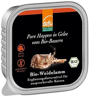 defu Katzenfutter | 16 x 100 g | Bio Weidelamm Pure Happen in Gelee | Premium Bio Ergänzungsfuttermittel für Katzen