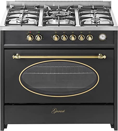 GURARI Cuisinière à gaz 914 Bl Retro, Rétro à gaz Electrique 90 cm/Nostalgie Range Coocker / 121L / 8 fonctions/Air chaud/barbecue / 5 brûleurs de haute qualité / 4 kw WOK/gaz naturel/gaz propane
