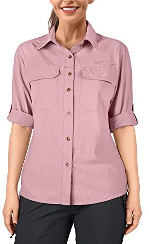 33,000ft Women's Hiking Shirts UPF50+ UV Protection Outdoor Shirt Quick Drying Casual Shirt Long Sleeve Functional Shirt Fishing Shirt for Walking Safari Travel Golf Rose M