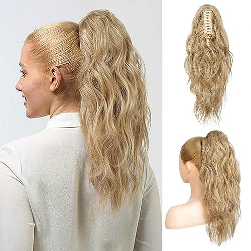 FLUFYMOOZ Ponytail Extension Pferdeschwanzverlängerung, 46 cm Klauenclip Pferdeschwanzverlängerung, gewellte lockige Klauenclip in Pferdeschwanz Haarverlängerungen (Goldblond mit Highlight)