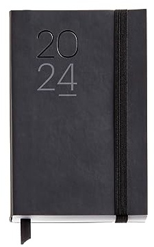 Miquelrius - Jahresplaner 2024, Wochenansicht, Querformat, Passport 90 x 140 mm, flexibler Einband aus Kunstleder genäht, Katalanisch, Englisch und Portugiesisch, Schwarz