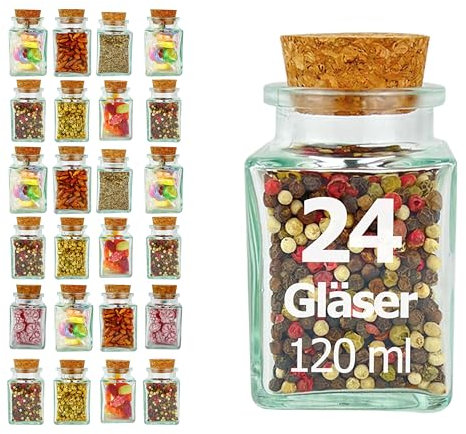 casavetro 24 x 280 ml kleine Gewürzgläser eckig Marmeladen-Gläser - Leere Vorratsgläser für Kräuter, Gewürze - Glasdose Tisch-Deko Hochzeit Set