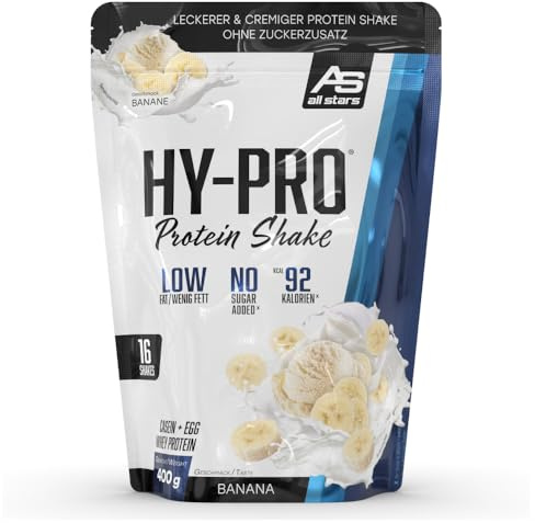 ALL STARS Hy-Pro 4-Komponenten Protein Pulver 400g Banana | Proteinpulver ohne Zuckerzusatz, Cremiger Shake mit 30,7g Eiweiß pro Portion, 4 hochwertige Proteinkomponenten fürs Training