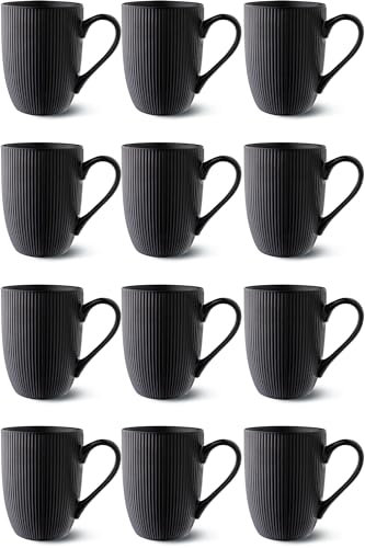 Cosumy Kaffeetassen 12er Set Modern Schwarz - Einzigartiges Streifenmuster - Matt Keramik - Mikrowellenfest - Spülmaschinenfest & Komfortabler Griff