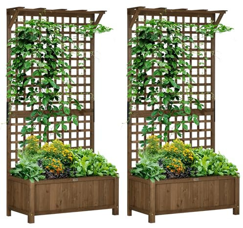 Outsunny 2 Pieces Wood Planter with Trellis for Climbing Plants, Raised Bed, Planter Box with Drainage Holes to Grow Vegetables, Herbs and Flowers for Garden, Patio, Yard, Brown