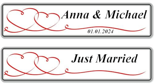 2X Hochzeit Autoschild mit Wunschtext Hochzeitsschild Hochzeitsauto Kennzeichen aus Aluminium Digital Druck (Rote Herzen)