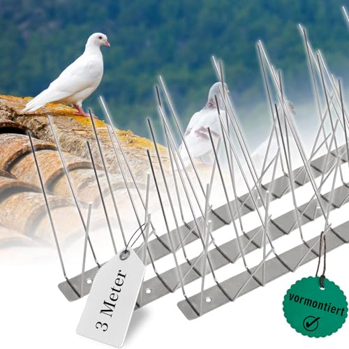 PRIOstahl Taubenabwehr Taubenspikes Vogelabwehr mit Edelstahlgrundplatte 4-reihig 3 Meter (6 x 0,50cm Spikes) Vogelschutz Abwehr für Balkon Dach Fenster UV-Beständig & rostfrei Edelstahl V2A