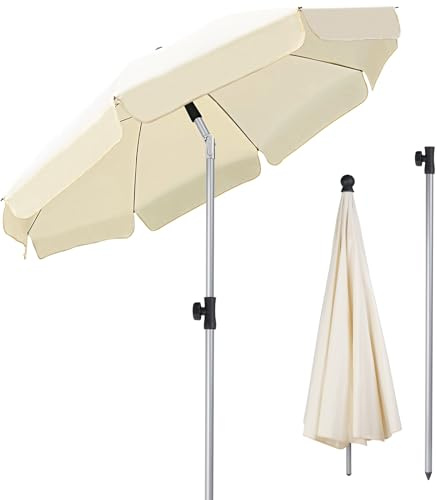 TLGREEN 2m Strand Sonnenschirm, Tragbar Neigbar Gartenschirm, Outdoor Sonnenschutz mit UV Schutz, 8 Stahlrippen, Basis Nicht enthalten, für Outdoor Strand/Garten/Pool/Terrasse, beige