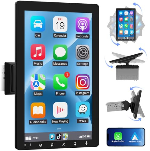 Single Din 10.1-inch CarPlay Touchscreen - Rotatable Wireless Android Auto Car Stereo - Bluetooth Phonelink GPS Navigation WiFi Dual USB AM FM Radio Backup Camera Input 2G+64G