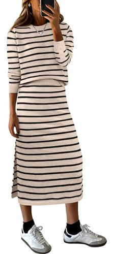 ANRABESS 2 Piece Skirts Sets For Women Fall Fashion 2025 Striped Sweater Midi Dress Knit Lounge Travel Outfits Winter Clothes Beige Black Medium