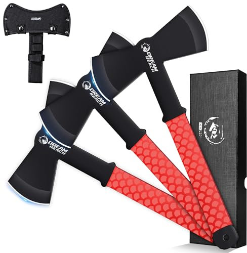 Dream Reach 3PCS Double Edged Axe Set, Full Tang Handle mit roter Gummihülle Survival Axt, Camping Outdoor Viking Axt für Bushcraft, Wald, Garten, Geschenke für Männer