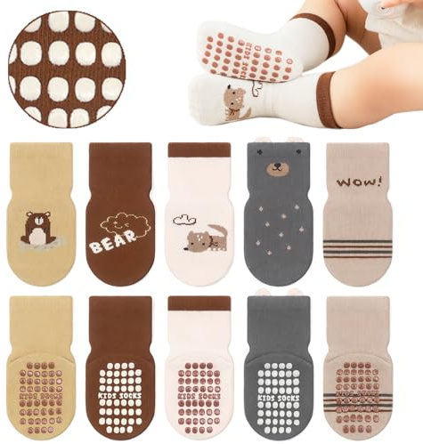 YANWANG 5 paires de chaussettes antidérapantes pour bébés, chaussettes Crew avec poignées pour les tout-petits garçons/filles