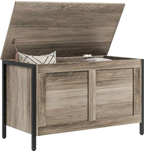 HOMCOM Coffre de rangement pour chambre 95 L Banc de rangement avec couvercle charnière de sécurité pour couloir salon 80 x 40 x 50 cm Marron gris
