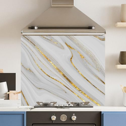 Toughened 6mm Glass Kitchen Splashback 90 x 65cm White Gold Quartz - Polished Heat Resistant Back Splash for Cookers Hob