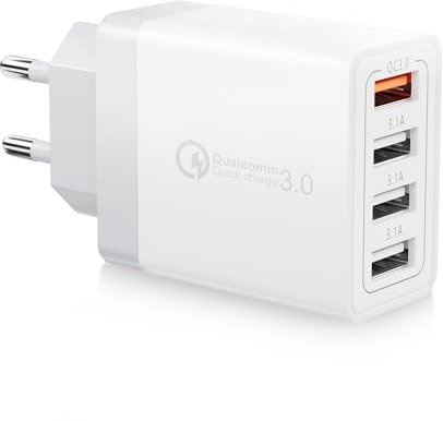 Caricatore USB Multiplo, 4 Porte Caricatore Rapido USB da Muro 33W QC 3.0 Carica Batterie Cellulare Alimentatore Spina USB per iPhone 14/13/12/11/XS/8, Samsung S20 S10 S9 A34 A15, Xiaomi, Huawei