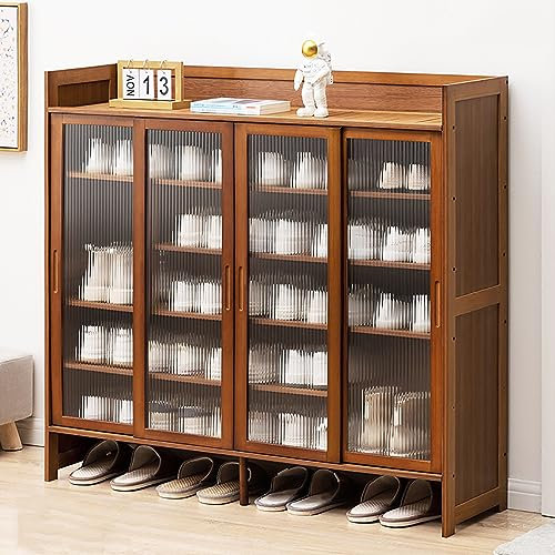 Zapatero de 5 niveles, armario de almacenamiento de zapatos de bambú independiente con puertas correderas, organizador moderno para zapatos, para entrada, pasillo, sala de estar, baño
