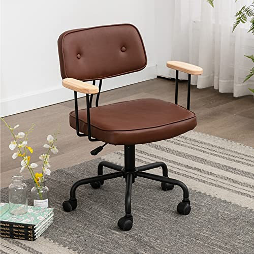 Ergonomischer Büro-Schreibtischstuhl mit mittlerer Rückenlehne, Armlehne aus Holz und PU-Leder, Arbeitsstuhl für Zuhause, Schlafzimmer, bequemer Computerstuhl