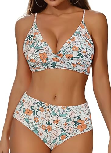 Femme Maillots de Bain Bikini Ensemble de Deux pièces Beau Maillot De Bain Femme 2 Pieces Taille Haute Ensemble Bikini Col en V Slim Contrôle du Ventre Élégant Swimsuit Swimwear