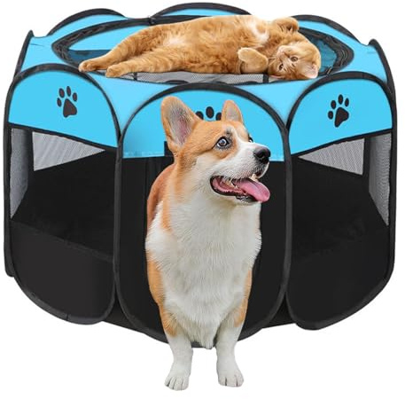 Exquilnova Portable Foldable Dog Play Pen,Breathable Mesh Dog Cage,Animal Pop Up Play Pen for Indoor Outdoor,Puppy Crate for Puppy,Kitten,Rabbit,Hamster,Hedgehog,Chicken(Blue,S)